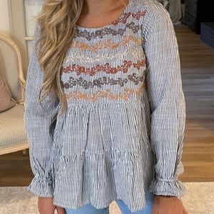 Savanna Jane Embroidered Long Sleeve Striped Top Size Large